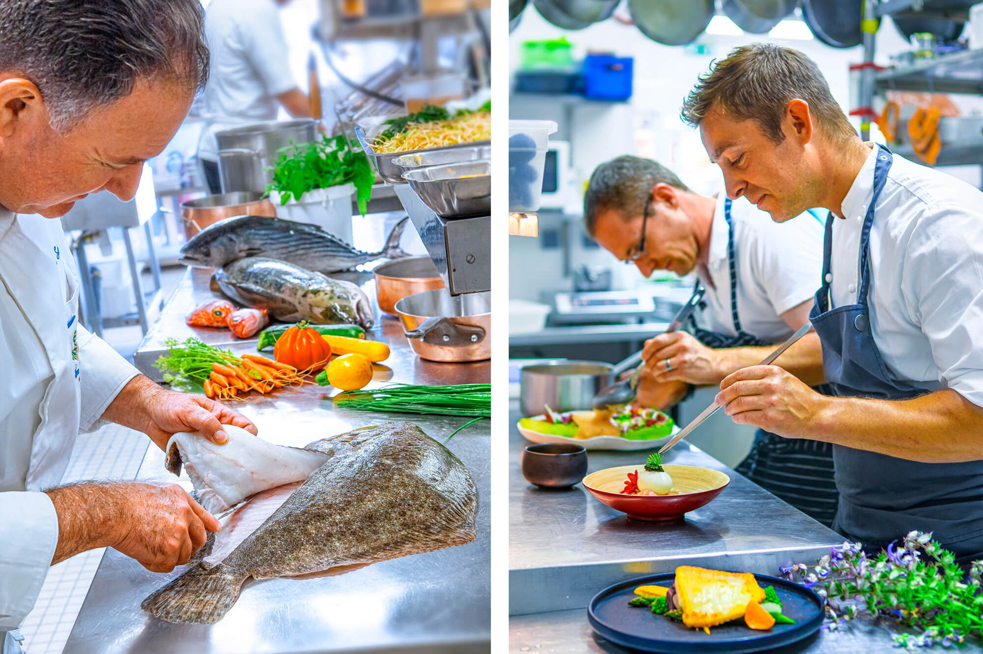 photos dans les cuisines d'un grand restaurant gastronomoique dans le Golfe du Morbihan par Antoine Duchene photographe