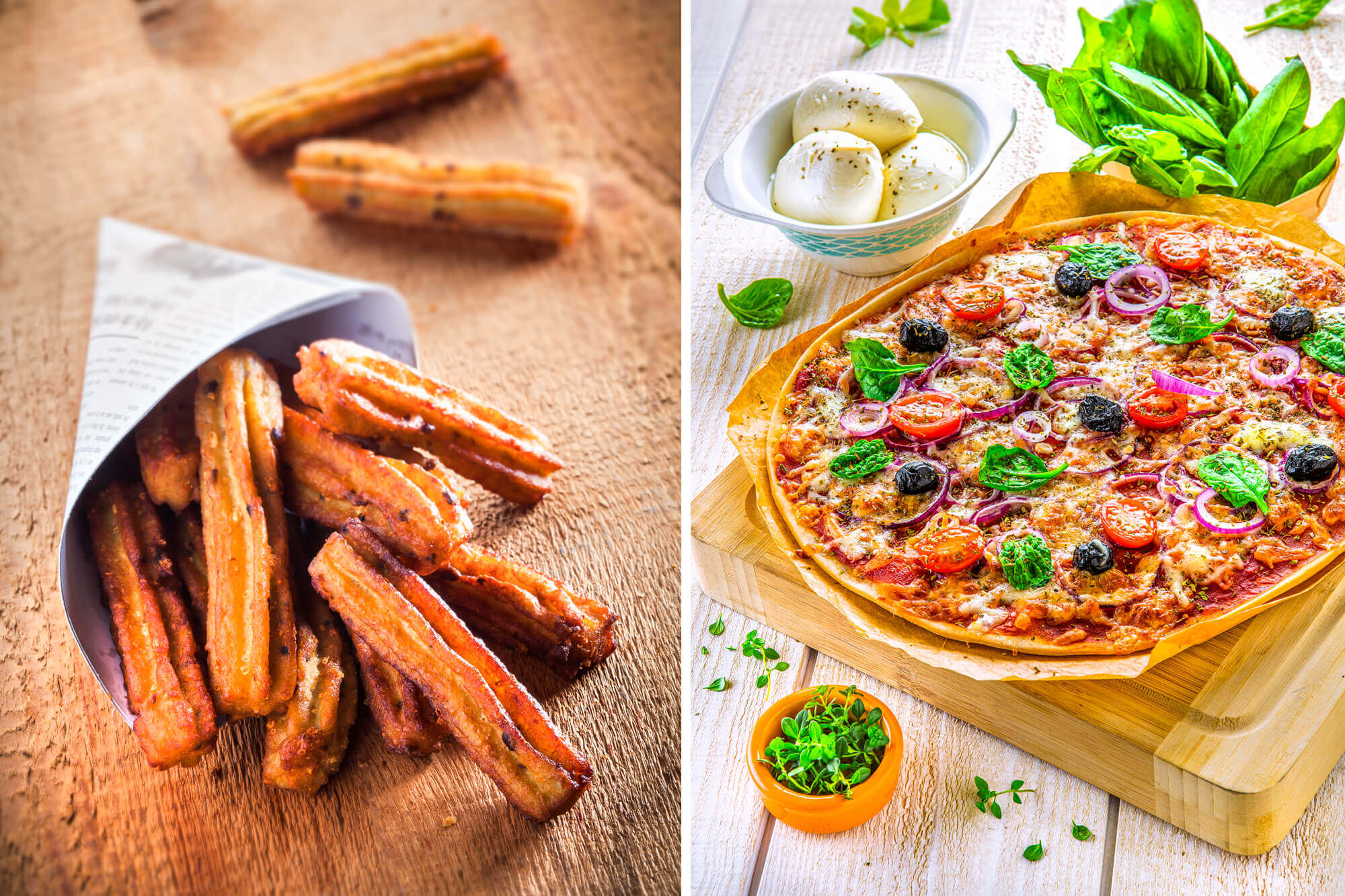 photo de Churros salés à déguster chaud, et recette de pizza basilic mozzarella par Antoine Duchene photographe