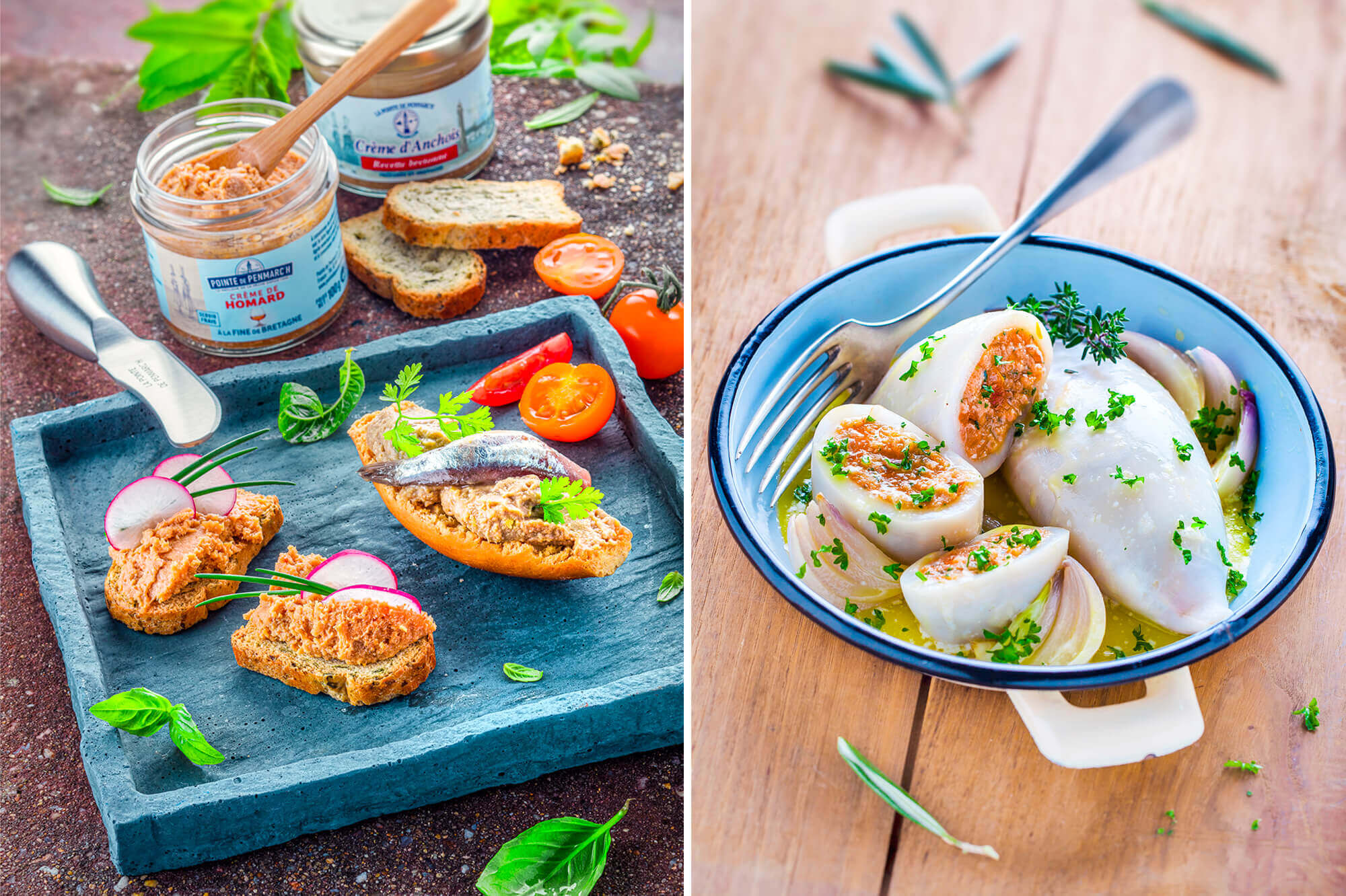 photo de produits de la mer, crème de homard et d'anchois et calamars farcis par Antoine Duchene photographe