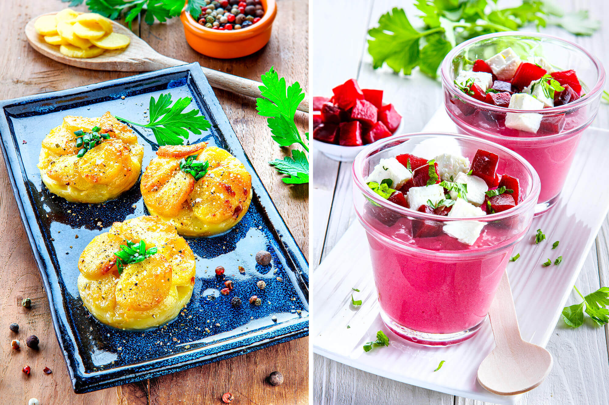 photo de recettes pour la Sté Allaire, pommes Anna et verrine de betteraves rouges par Antoine Duchene photographe