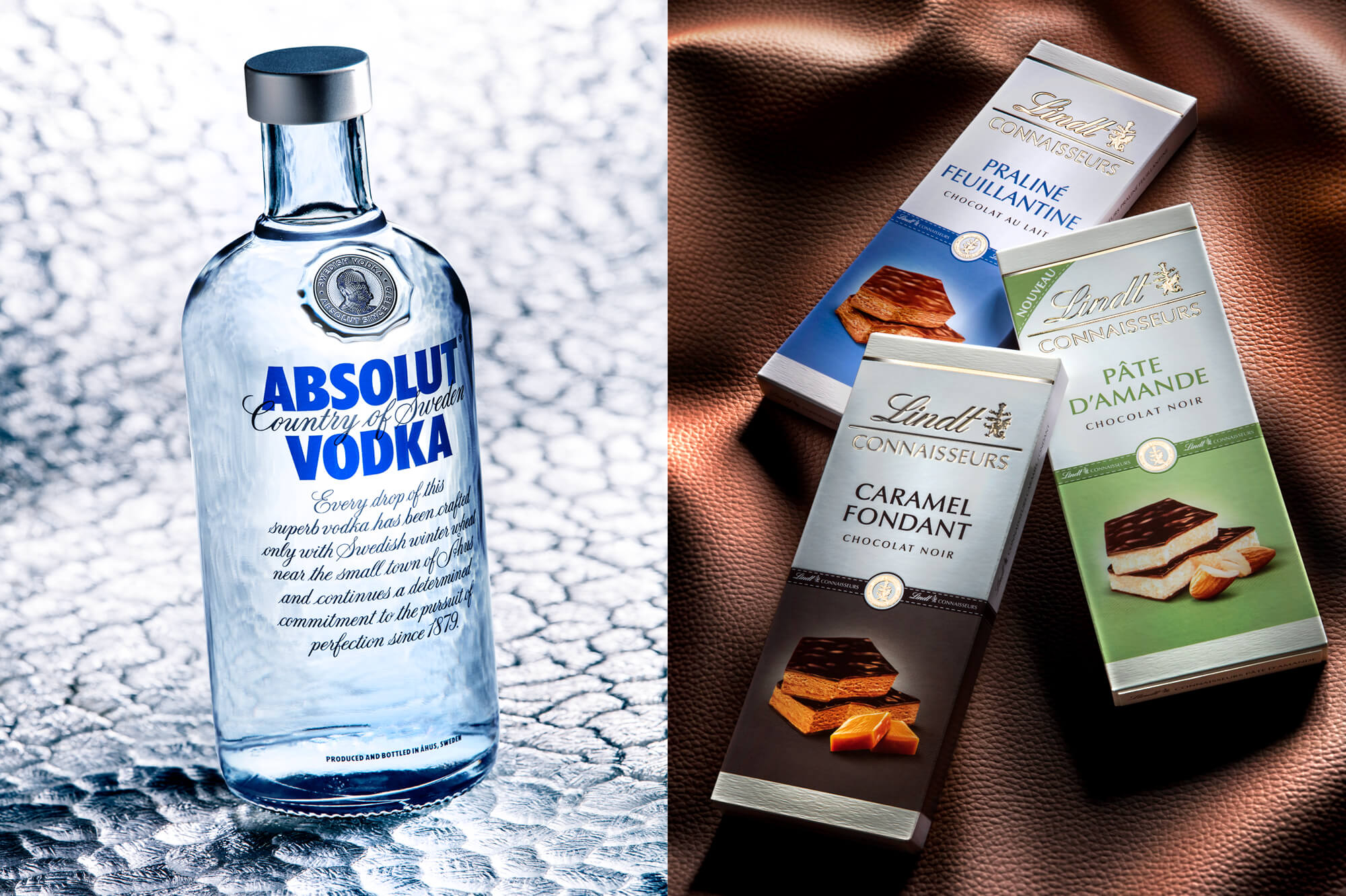 photo de la vodka suédoise Absolut et une étude de style des chocolats Lindt par Antoine Duchene photographe